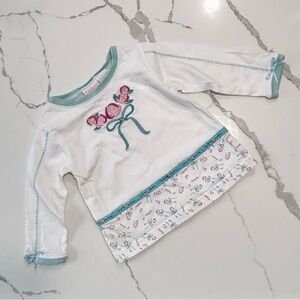 Little Legends Boutique Floral Embroidered Girls Long Sleeve Top White Teal 18M